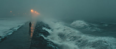 A person strolls along a wet promenade as waves crash against the rocks in a misty coastal setting during a gloomy evening.の素材