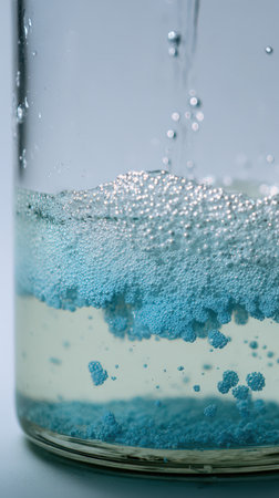 Bubbles rise in a clear glass container as a blue substance mixes with liquid showcasing a vibrant chemical reaction filled with texture and color.の素材