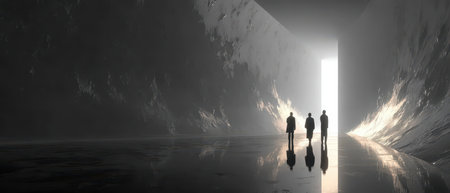 Three figures walk through a dark corridor moving towards a bright opening in the distance. Reflections on the wet floor enhance the scenes depth.の素材