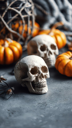 Decorative skulls and bright orange pumpkins create a spooky atmosphere for Halloween festivities set against a gray background.の素材
