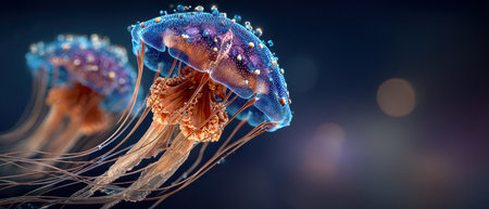 Colorful jellyfish float through the dark ocean waters with vibrant hues illuminating their translucent bodies as they move gracefully.の素材