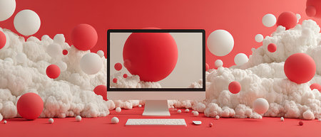 A modern workspace features a computer screen surrounded by colorful spheres and fluffy clouds creating an artistic vibrant atmosphere.の素材