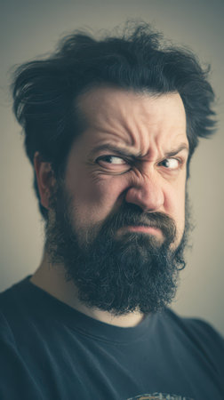 A man displays a strong and humorous facial expression while indoors showing his emotions and personality through his playful grimace.の素材