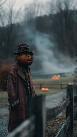 A scarecrow with a pumpkin head watches over an empty field as smoke rises and flames flicker in the distance during twilight.の素材