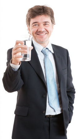 A man in a suit smiles while holding up a glass of water showcasing a positive and professional demeanor in a bright setting.の素材