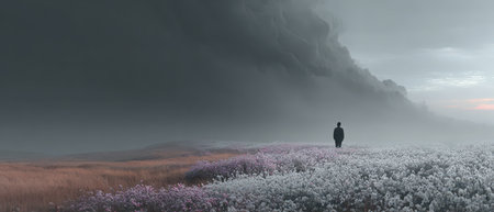 A lone figure walks through a field of blooming flowers as dark clouds gather ominously in the sky evoking a sense of tension and beauty.の素材