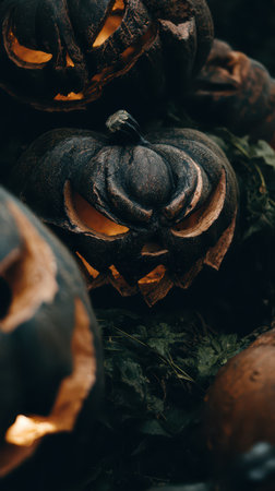 Darkly carved pumpkins glow eerily in the night highlighting intricate designs among leafy greens in a Halloween display.の素材