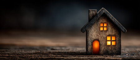 A small wooden house model emits a warm glow from its windows resting on a rustic wooden table in a dimly lit setting.の素材