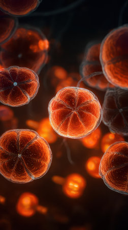 This vibrant display shows numerous large orange cells floating in a dark environment forming intricate patterns and glowing softly.の素材