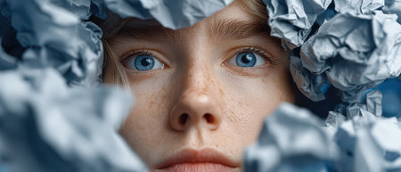A young individual with striking blue eyes is framed by crumpled blue paper creating an artistic and expressive visual composition.の素材
