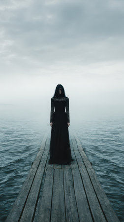 A figure in a long black dress stands alone on a weathered wooden pier surrounded by mist and calm water under a cloudy sky.の素材