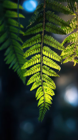 Fern leaves hang gracefully bathed in sunlight showcasing vibrant green hues against a dark background in a serene natural setting.の素材