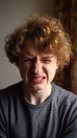 A young man with curly hair expresses frustration while seated indoors. Natural light illuminates his face capturing his intense emotions.の素材