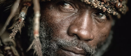 A close up of a man with braided hair and striking facial features demonstrating traditional attire and cultural expression in a natural environment.の素材