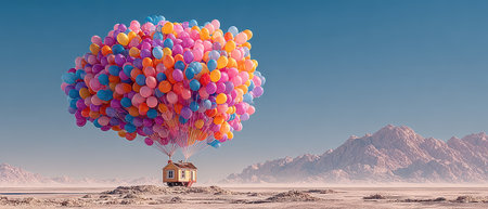 A house is floating in the sky lifted by numerous colorful balloons over a serene and expansive desert landscape under a clear blue sky.の素材