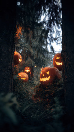 Carved pumpkins with eerie faces illuminate a dense forest at night creating a haunting atmosphere surrounded by tall trees.の素材