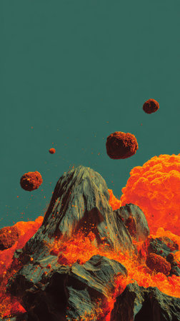 A volcano erupts spectacularly with molten lava and ash clouds rising surrounded by a dramatic rocky terrain.の素材