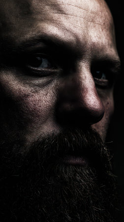 A rugged man gazes intently showcasing deep wrinkles and a prominent beard in low light evoking a sense of strength and toughness.の素材