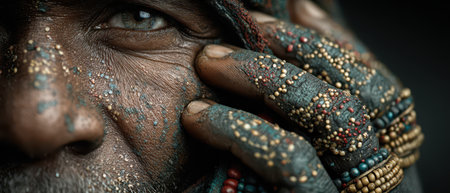 A man showcases unique hand decorations and facial art highlighting cultural expression and identity with detailed craftsmanship.の素材