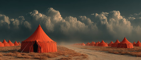 Bright orange tents are scattered across a dry landscape beneath a dark cloud filled sky creating a striking visual contrast at dusk.の素材