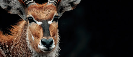 A stunning waterbuck stands alert against a dark background showcasing its unique features and expressive eyes during daylight.の素材