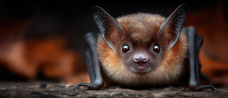 A bat is resting on a wooden surface showcasing its expressive face soft fur and large ears. Natural lighting enhances its features.の素材