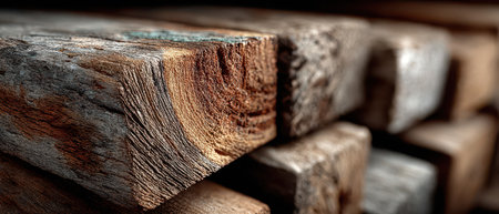 Close up view of stacked wooden planks showcasing their unique textures and colors under soft lighting emphasizing the natural beauty of wood.の素材