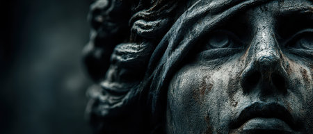 A close up view of a weathered statue showcasing its intricate details under soft dim lighting that highlights its expressive features.の素材