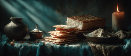 A rustic table displays traditional baking ingredients including flour matzo and a clay pot illuminated by soft candlelight.の素材