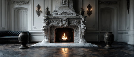 An ornate marble fireplace warms a sophisticated room with plush seating and decorative vases creating a cozy and inviting atmosphere.の素材