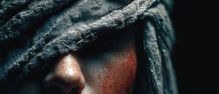 A figure is partially obscured by a rough cloth revealing a scarred face and hints of red creating an atmosphere of tension and intrigue.の素材