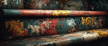 Worn stairs display vibrant graffiti in various colors showcasing urban art and creativity in a bustling city environment during daylight.の素材