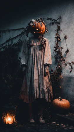 A figure in a vintage dress wears a pumpkin on their head standing among vines and pumpkins in an eerie dusk setting.の素材