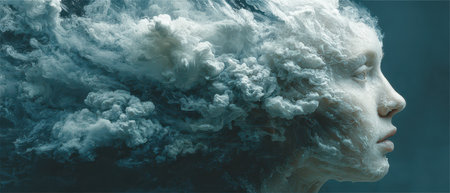 A womans face blends seamlessly with turbulent clouds creating a surreal and ethereal effect that evokes a dreamlike atmosphere.の素材