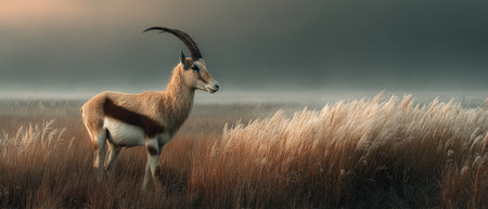 A solitary antelope grazes in a serene grassy field at dawn with gentle light illuminating its form against a misty backdrop.の素材