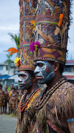 Two men in colorful traditional dress showcase intricate headdresses and body paint at a cultural celebration in Papua New Guinea.の素材