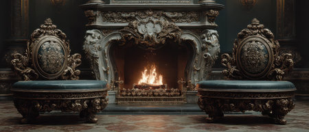Antique chairs with ornate designs are placed near a roaring fireplace creating a cozy atmosphere in an elegant room.の素材