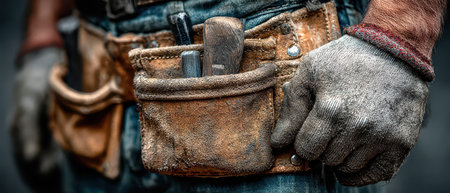 A skilled worker is holding a tool belt filled with essential devices ready for construction work. The leather strap shows signs of frequent use.の素材