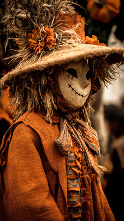 A scarecrow stands proudly adorned in orange fabric capturing the essence of autumn festivities complemented by flowers and a wide brimmed hat.の素材