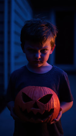 A young boy stands outside holding a carved Jack o lantern with a menacing expression as twilight casts a blue hue around him.の素材