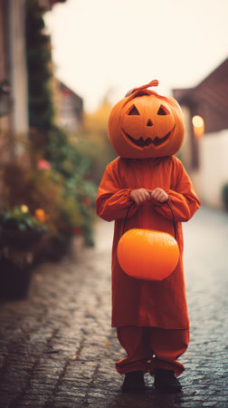 A young child dressed in an orange pumpkin costume stands on a cobblestone street holding a bright treat bag during a fall evening.の素材