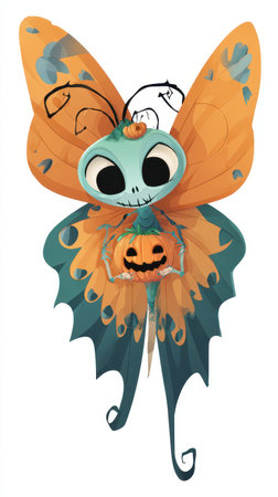 A whimsical butterfly character is adorned with orange wings and a pumpkin motif showcasing a blend of spooky and playful elements for Halloween.の素材