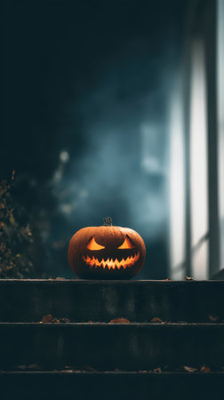 A carved pumpkin illuminates a staircase in the dark surrounded by mist and autumn leaves creating a spooky atmosphere.の素材