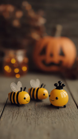 Playful yellow bees are gathered around a carved pumpkin showcasing a festive autumn vibe and joyful atmosphere perfect for the season.の素材