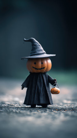 A small witch figure with a pumpkin head stands on a path holding a mini pumpkin and wearing a dark cloak evoking Halloween spirit.の素材