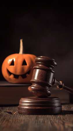 A carved pumpkin with a smiling face sits next to a wooden gavel creating a festive yet serious atmosphere for Halloween celebrations.の素材