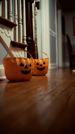 Two orange pumpkin shaped baskets sit on a polished wooden floor near a staircase ready for Halloween treats as evening approaches.の素材