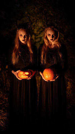 Two figures dressed in dark gowns hold carved and uncarved pumpkins in a dimly lit mysterious outdoor setting at night.の素材
