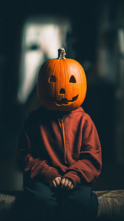 A child dressed in a red hoodie sits quietly wearing a carved pumpkin as a mask in a cozy dimly illuminated room.の素材