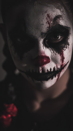 A character with striking clown makeup stares intensely at the viewer. Dark surroundings enhance the eerie atmosphere and dramatic effect.の素材